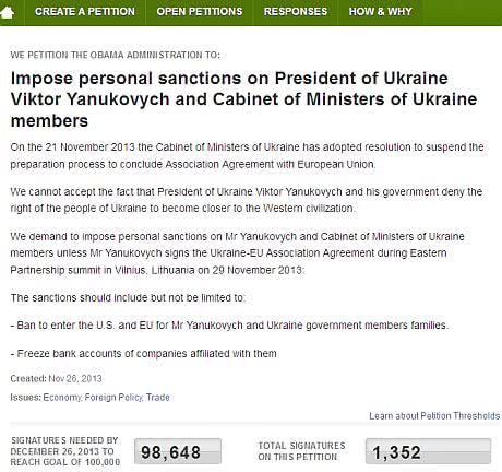 Адміністрацію президента США просять запровадити санкції проти Януковича 